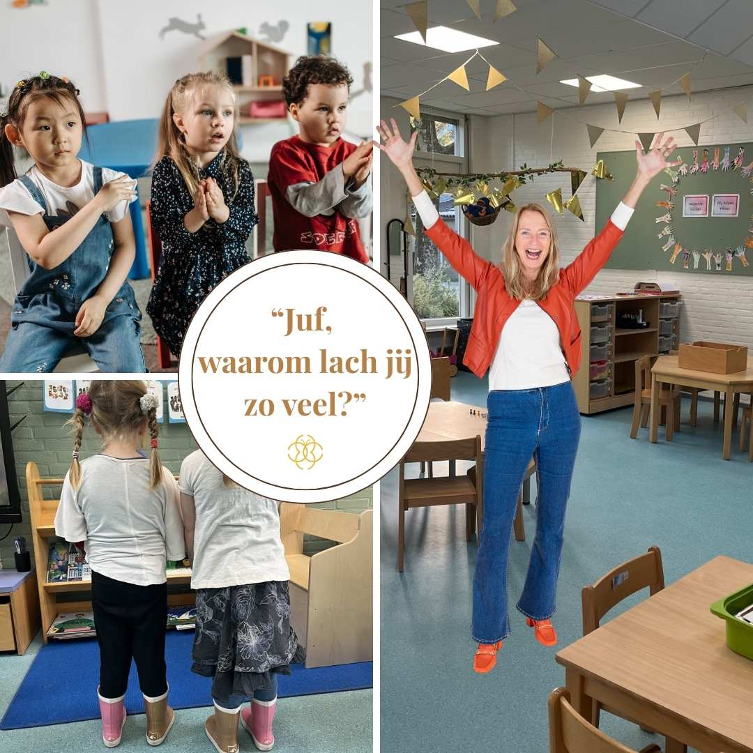 Vrolijke leerkracht in een kleuterklas met armen omhoog; links kinderen in de kring en twee bij de speelhoek. Centrale cirkel met de tekst “Juf, waarom lach jij zo veel?”. Thema: glimlach als teken van veiligheid én duidelijke grenzen.
