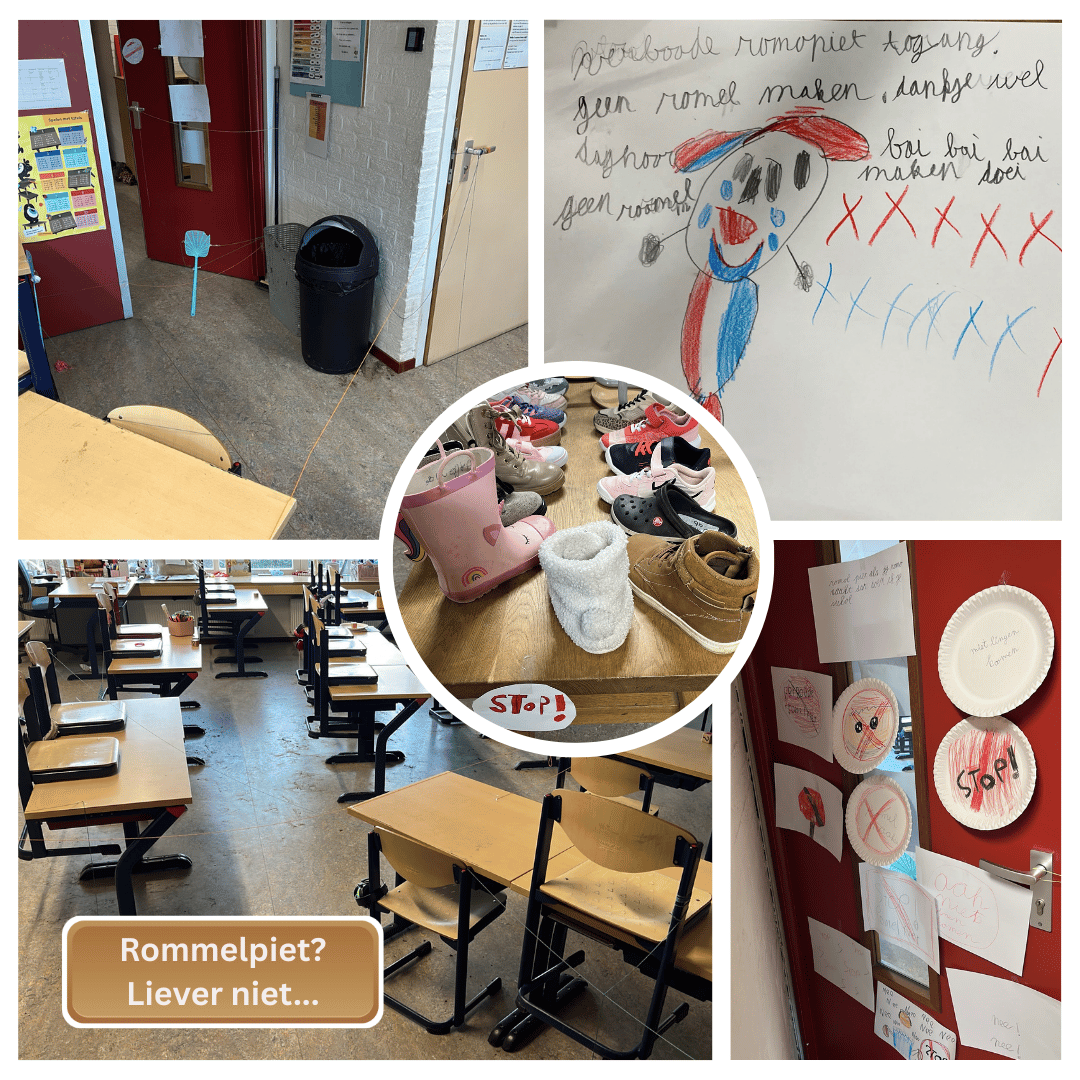 Collage van een groep-4 klas met schoenen, stop-bordjes, tekeningen en touwvallen tegen Rommelpiet, bij een blog over grenzen en zeggen wat je wél wilt.